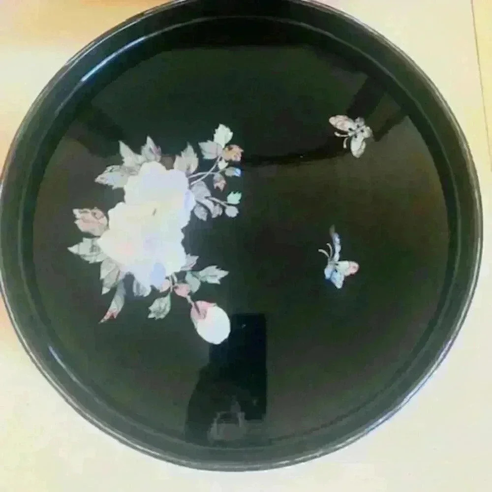 vintage round black lacquer with mother of pearl inlay tray